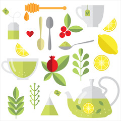 Set for tea lovers. Isolated elements with cup, teapot, lemon, tea bags, herbs, cake. Herbal tea, green tea. Simple minimalistic flat design style. - obrazy, fototapety, plakaty