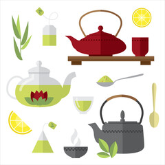 Set for tea lovers. Isolated elements with cup, teapot, lemon, teabags, herbs, cake. Herbal tea, green tea. Simple minimalistic flat design style. Japanese tea ceremony. - 549688728