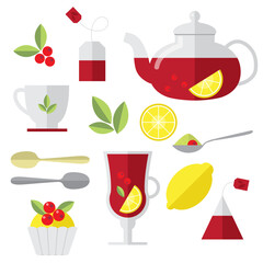 Set for tea lovers. Isolated elements with cup, teapot, lemon, tea bags, herbs, cake. Herbal tea, fruit tea. Simple minimalistic flat design style. - 549688741