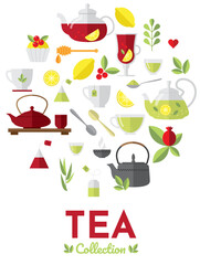 Tea illustration set with cup, teapot, lemon, tea bags, herbs, cake. Traditional english tea time icon. Japanese tea ceremony. Breakfast background design. Simple minimalistic flat design style. - 549688753