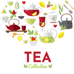 Tea illustration set with cup, teapot, lemon, tea bags, herbs, cake. Traditional english tea time icon. Japanese tea ceremony. Breakfast background design. Simple minimalistic flat design style. - 549688763