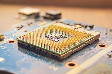 gold-plated legs of the central processor lying on the motherboard socket