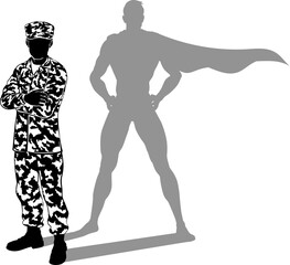 Fototapeta na wymiar A super hero military army soldier man in silhouette. Revealed to be a superhero by his shadow.