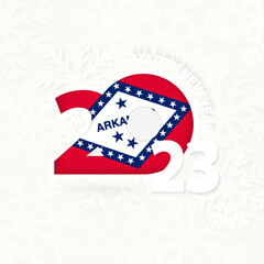 New Year 2023 for Arkansas on snowflake background.