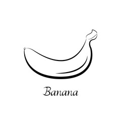Banana silhouette with inscription, description. Fruit outline. Black print icon isolated on white background.