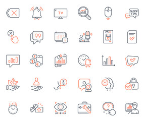 Technology icons set. Included icon as Time management, Presentation board and Report document web elements. Quick tips, Remove, Notification bell icons. Data analysis, Recruitment. Vector