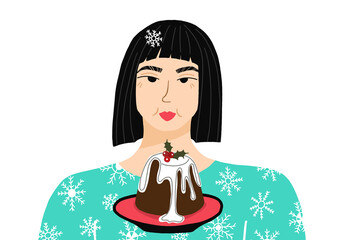 Portrait of Japanese girl eats Christmas cupcake. Festive hand drawn poster.