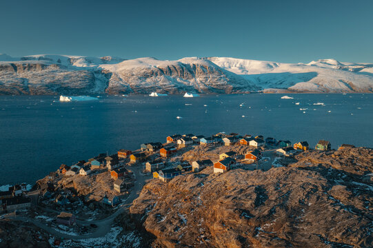 Drone View over Remote Village on Uummannaq, Greenland