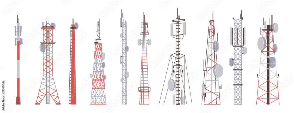 Poster radio tower towered communication technology antenna icons set. vector illustration towering broadca