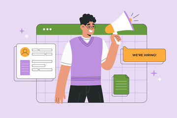 Young man employer on computer screen shout in loud speaker We are hiring. Recruitment agency, candidate searching online. Hand drawn vector illustration isolated on background, flat cartoon style