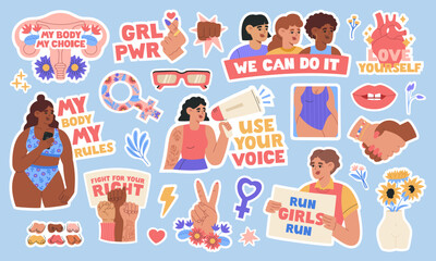 Girl power set of feminist and body positive stickers with motivation quotes. Women empowerment, self acceptance, gender equality. Vector illustration isolated on blue background. Flat cartoon style