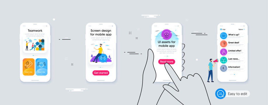 Set of Group people, Social distancing and Love letter line icons. Phone ui interface. Include Inclusion, Delivery discount, Employees handshake icons. Vector
