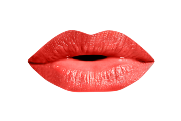 Close up of sexy caucasian woman perfect  lips with red lipstick isolated on transparent background