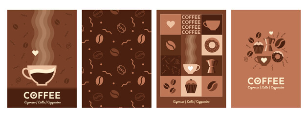 Set of vector posters for your projects. Isolated coffee elements and patterns. Simple minimalistic flat design style. Coffee, cafes, coffee houses, types of drinks. Italian coffee. Breakfast. - 549691360