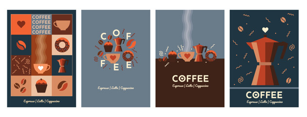 Fototapeta na wymiar Set of vector posters for your projects. Isolated coffee elements and patterns. Simple minimalistic flat design style. Coffee, cafes, coffee houses, types of drinks. Italian coffee. Breakfast.
