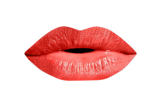 Close up of sexy caucasian woman perfect  lips with red lipstick isolated on transparent background