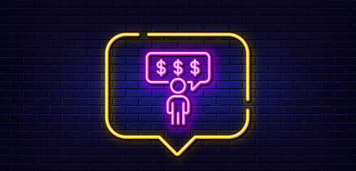 Neon light speech bubble. Employee benefits line icon. Business salary sign. People savings symbol. Neon light background. Employee benefits glow line. Brick wall banner. Vector