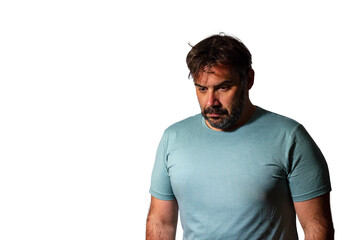 Obraz premium Upset and sad man posing isolated on white background studio portrait.