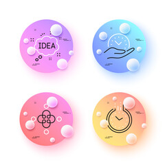 Safe time, Inclusion and Idea minimal line icons. 3d spheres or balls buttons. Time icons. For web, application, printing. Management, Equity justice, Creative message. Clock. Vector