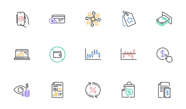 Business vision, Versatile and Financial app line icons for website, printing. Collection of Loan percent, Report document, Payment icons. Atm money, Graph laptop, Wallet web elements. Vector