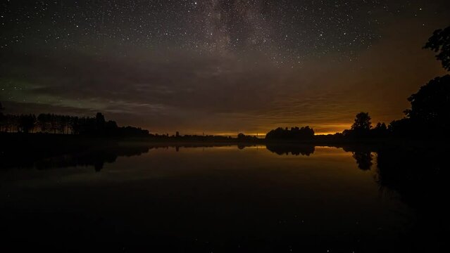 Time lapse of sunset over a lake with stars appearing in the sky
