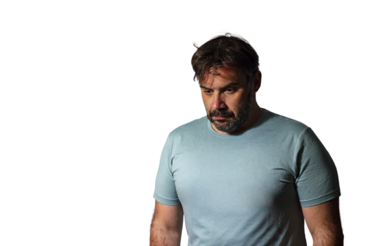 Upset and sad man posing isolated on transparent background studio portrait.