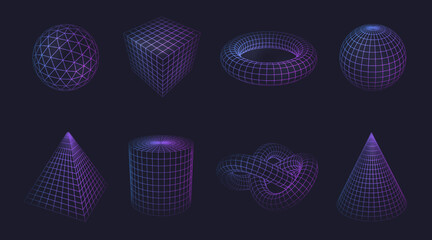 Low poly line geometric shapes of neon color, isolated vector circle and cube, triangle and pyramid holograms. Polygonal mathematics and geometry figures, frame perspectives set