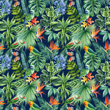 Green parrot. Floral tropical seamless pattern with palm leaves. Jungle botanical watercolor illustrations