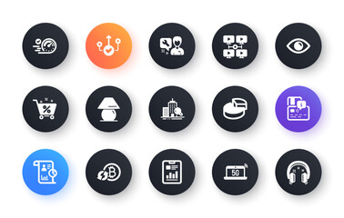 Minimal set of Speedometer, Report document and Card flat icons for web development. Refresh bitcoin, Table lamp, Video conference icons. Inspect, Pie chart, Repairman web elements. Vector