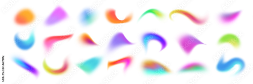Poster set of spot multicolored brush strokes, colorful gradient shape blur. vector fluid paint, collection