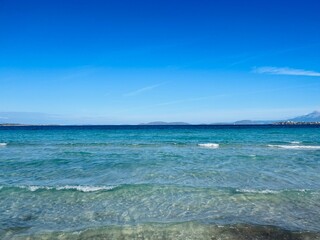 Fototapeta na wymiar Blue seascape, azure sea surface and blue sea, sea horizon background