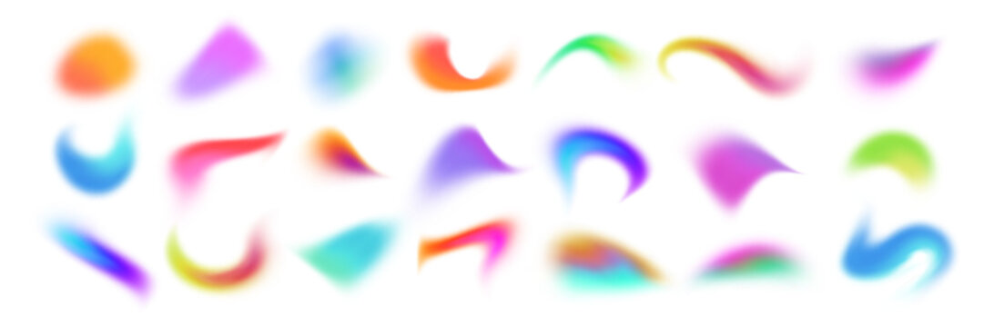 Set of spot multicolored brush strokes, colorful gradient shape blur. Vector fluid paint, collection of isolated elements of holographic chameleon design palette of shimmering colors