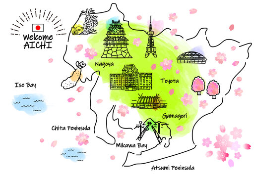 春の愛知県の観光地のシンプル線画イラストマップ（ピンク）