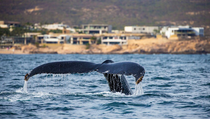 Fototapeta premium Tail of the humpback whale (Megaptera novaeangliae) on the background of the Mexican coast. Mexico. Sea of Cortez. California Peninsula.