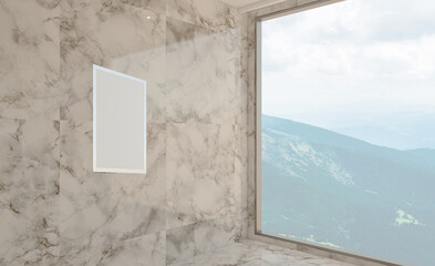 Spacious bathroom in gray tones with heated floors, freestanding tub. 3D rendering., Mockup.   Empty paintings