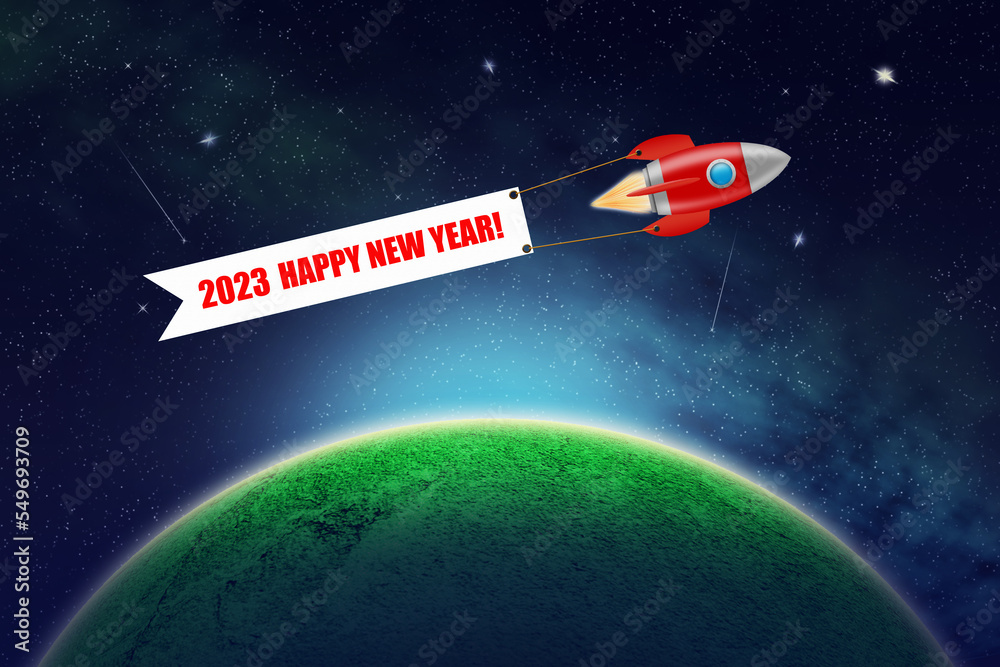 Wall mural abstract christmas background with a planet in the space sky and a rocket with a happy new year 2023