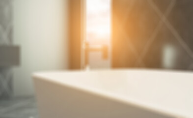 Modern bathroom including bath and sink. 3D rendering.. Sunset.. Abstract blur phototography.