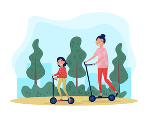 Mom and daughter riding kick scooter in park. Parent and kid having good time outdoors cartoon vector