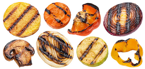 Falling grilled vegetable slices isolated on white background