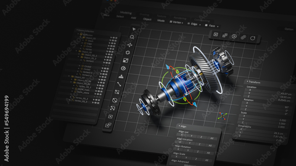 Poster Engineering designer design 3D CAD software program Industrial engine model mechanical dimensional digital manufacturing factory engineer computer screen. 3d rendering.
