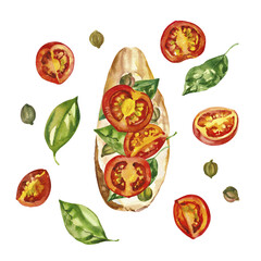 Watercolor hand painted delicious Italian bruschetta with tomatoes illustration isolated on white background. Illustration for menu design, print, social media