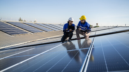 Renewable energy concepts.Electrical engineers are using laptops to monitor the operation of the solar rooftop.Engineering team working operation and maintenance in solar power plant in solar plant © Yingyaipumi