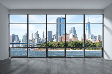 Naklejka na ściany i meble Downtown New York City Lower Manhattan Skyline Buildings. High Floor Window. Expensive Real Estate. Empty room Interior Skyscrapers View Cityscape. Financial district. Brooklyn Bridge. 3d rendering.