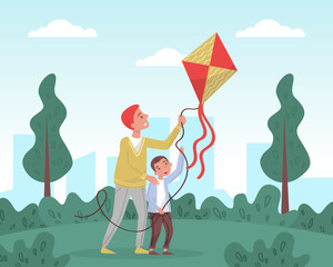 Fototapeta premium Father and son playing kite in park. Parents and kid having good time outdoors cartoon vector