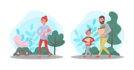 People having good time outdoors. Mom walking with baby stroller. Father and son carrying shopping bags cartoon vector