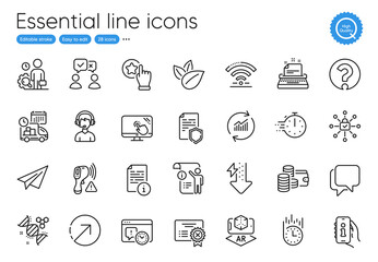 Consultant, Manual doc and Support line icons. Collection of Direction, Inspect, Delivery icons. Talk bubble, Touch screen, Organic product web elements. Electronic thermometer. Vector