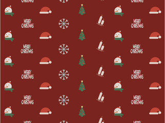 Red Christmas Background with icons of Christmas Trees Hat Snowflake Snowman