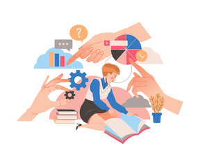 Female Student Character Learning Multitasking Switching Between Different Activities Vector Illustration