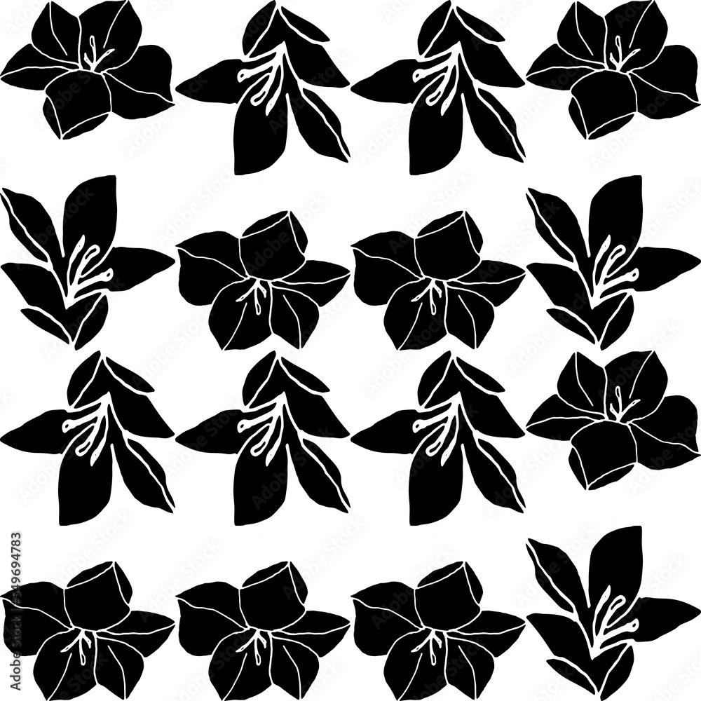 Poster Abstract flower elements vector seamless pattern. Simple repeat in black on white background.
