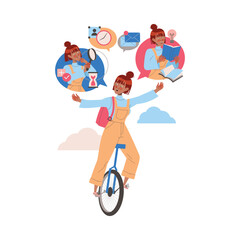 Female Student Character on Monocycle Learning Multitasking Switching Between Different Activities Vector Illustration